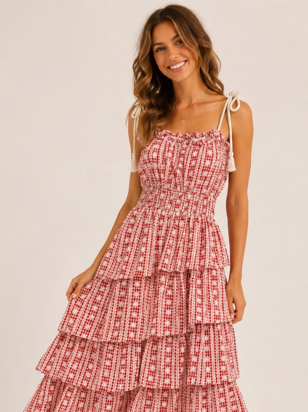 Just Me Red And White Tiered Smocked Midi Dress Boho Cottagecore Size Small